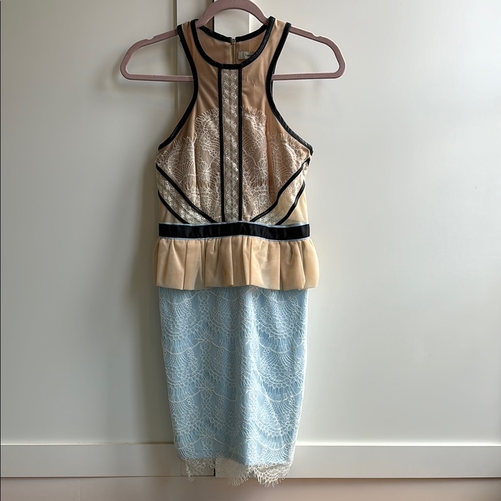 Elegant Lace Dress in Cream and Blue